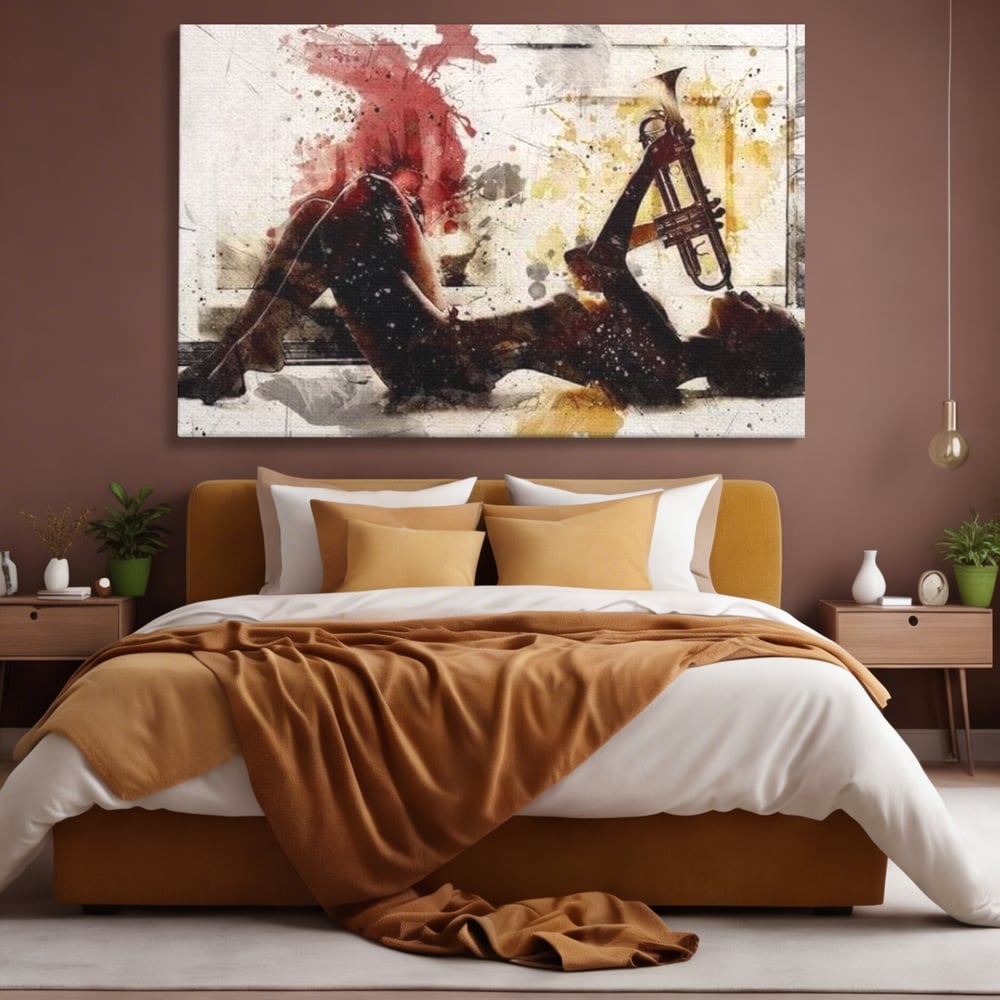 Tablou canvas cu tablou canvas cu silueta si trompeta, fara rama, pe sasiu de lemn, pe perete intr-un dormitor